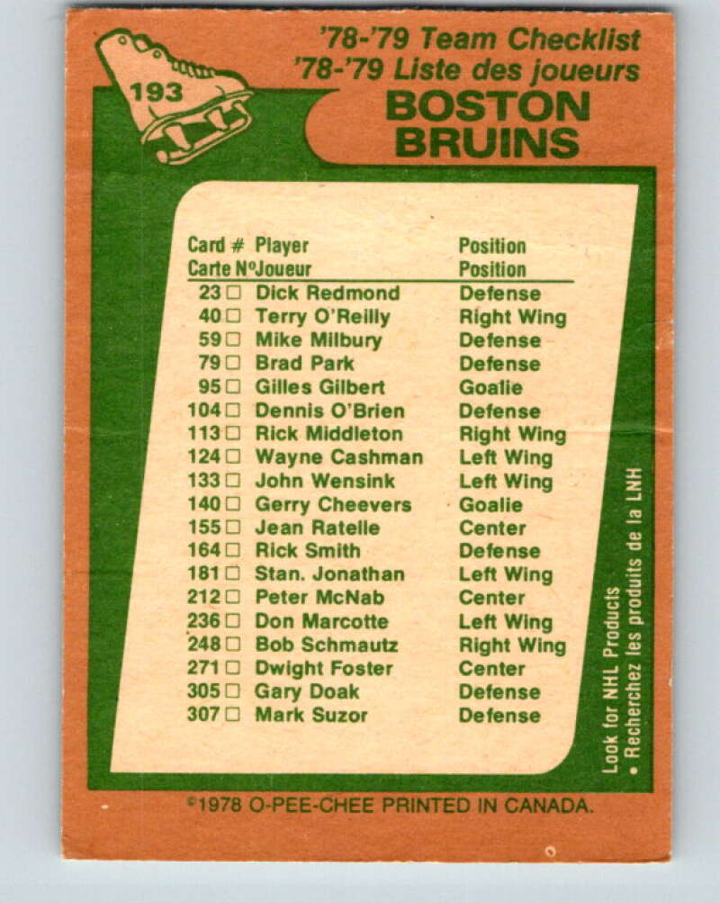 1978-79 O-Pee-Chee #193 Boston Bruins TC V23596