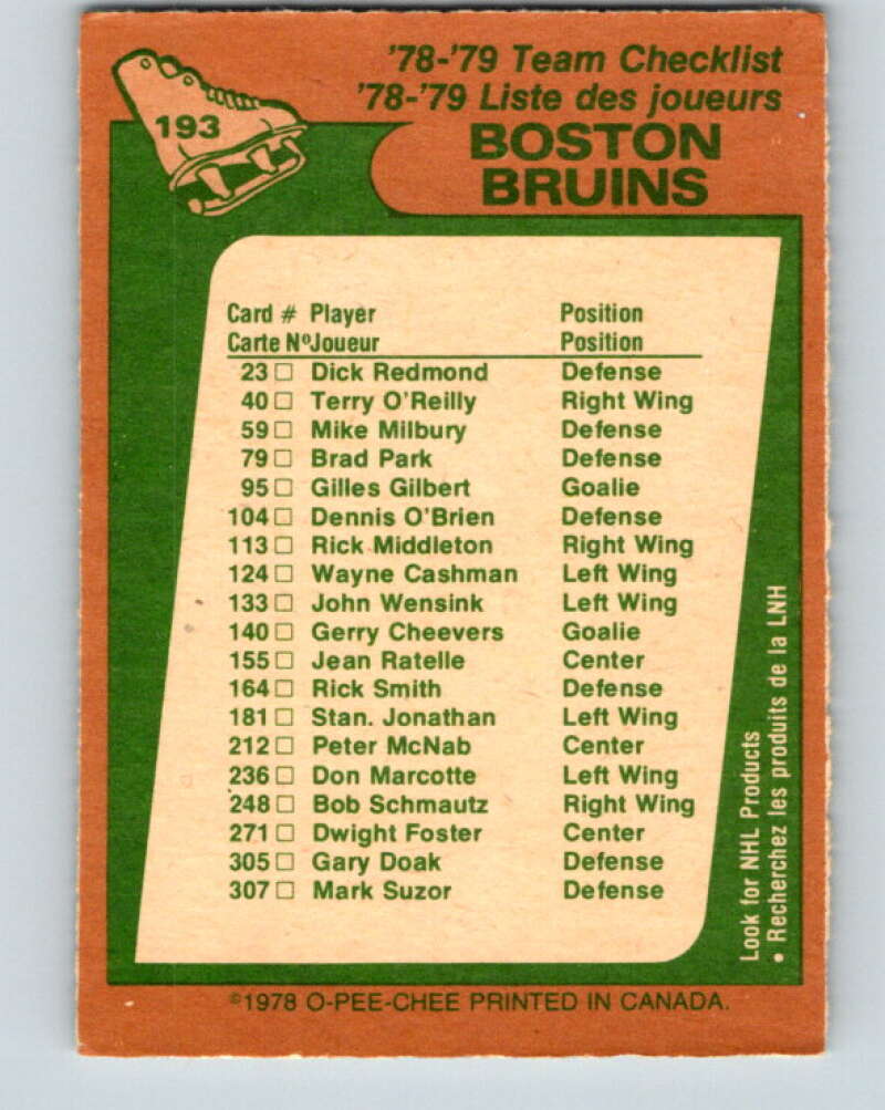 1978-79 O-Pee-Chee #193 Boston Bruins TC V23604