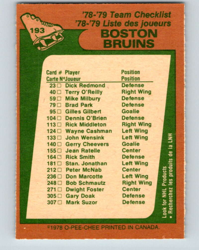 1978-79 O-Pee-Chee #193 Boston Bruins TC V23607