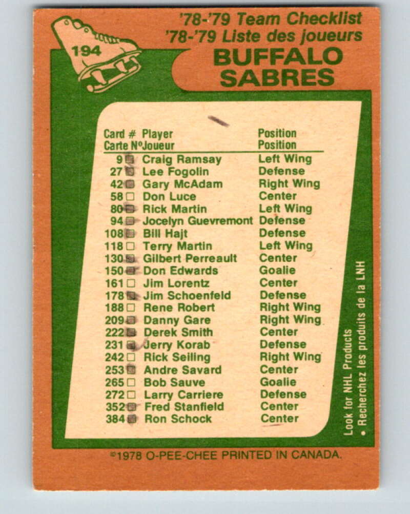 1978-79 O-Pee-Chee #194 Buffalo Sabres TC V23610