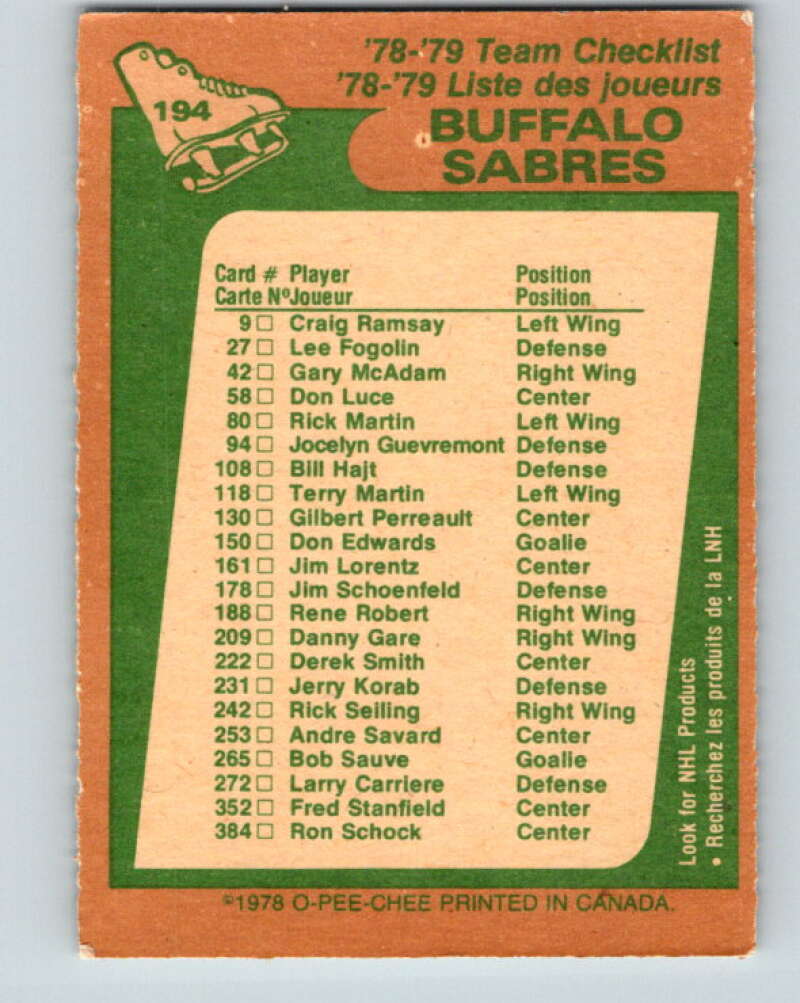 1978-79 O-Pee-Chee #194 Buffalo Sabres TC V23616