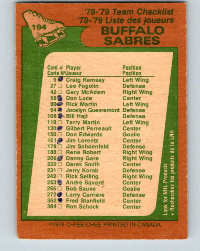 1978-79 O-Pee-Chee #194 Buffalo Sabres TC V23618