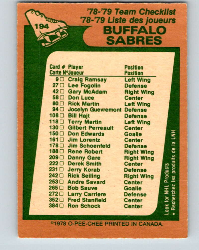 1978-79 O-Pee-Chee #194 Buffalo Sabres TC V23622