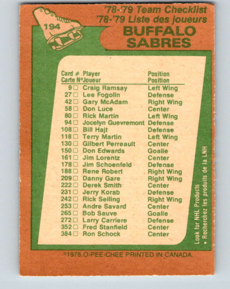 1978-79 O-Pee-Chee #194 Buffalo Sabres TC V23624