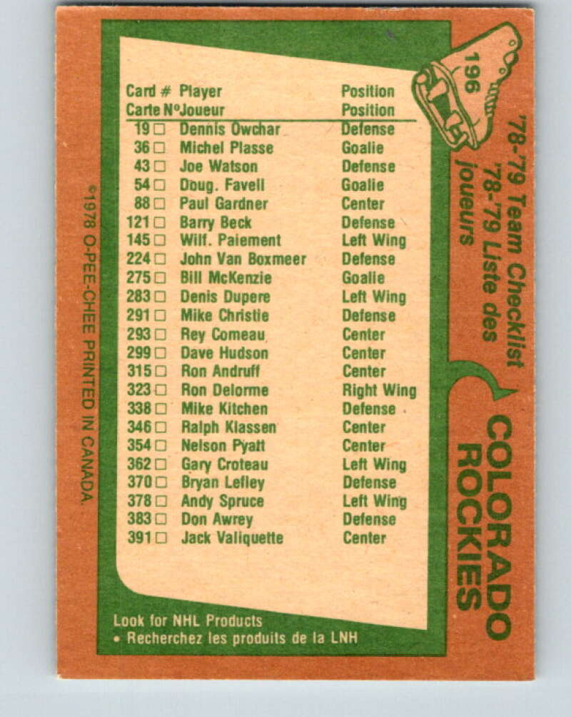 1978-79 O-Pee-Chee #196 Colorado Rockies TC V23652