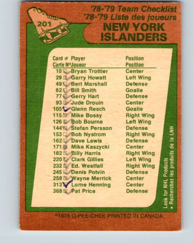 1978-79 O-Pee-Chee #201 New York Islanders TC V23726