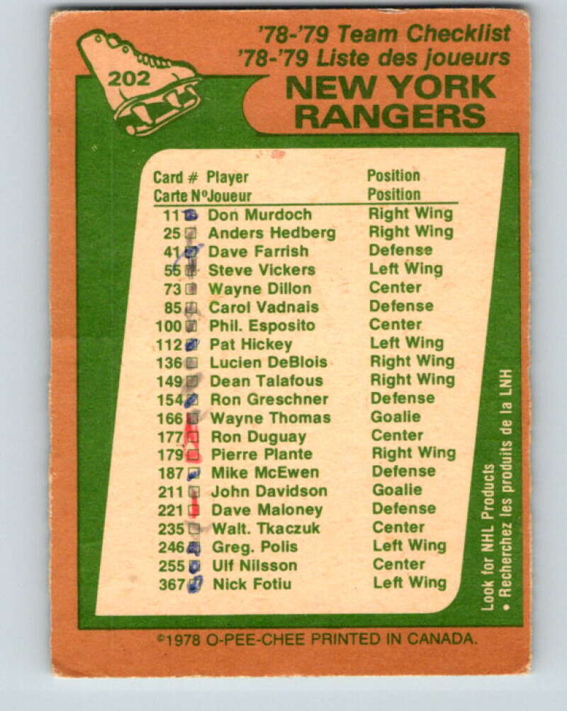 1978-79 O-Pee-Chee #202 New York Rangers TC V23739