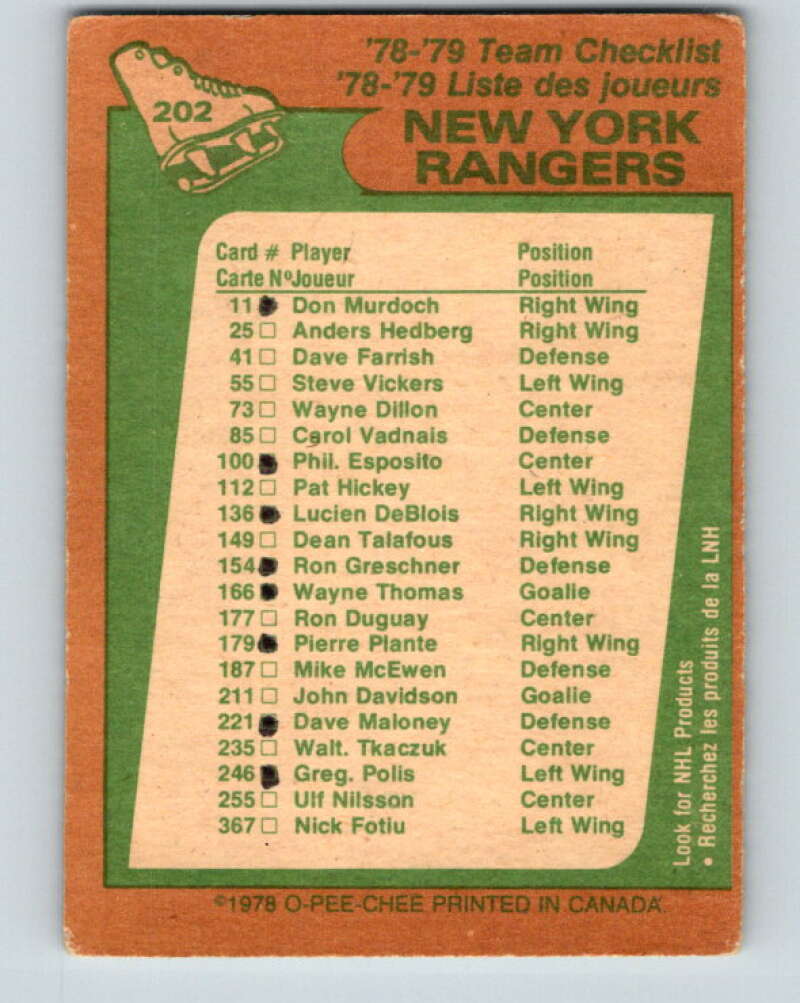 1978-79 O-Pee-Chee #202 New York Rangers TC V23747