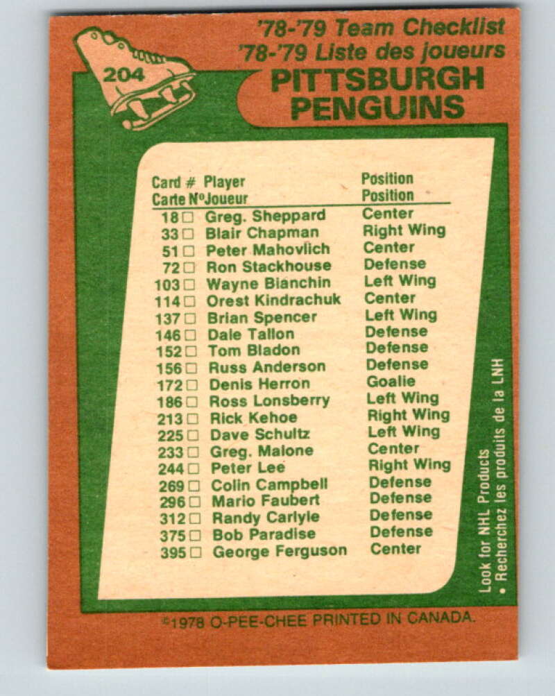 1978-79 O-Pee-Chee #204 Pittsburgh Penguins TC V23767