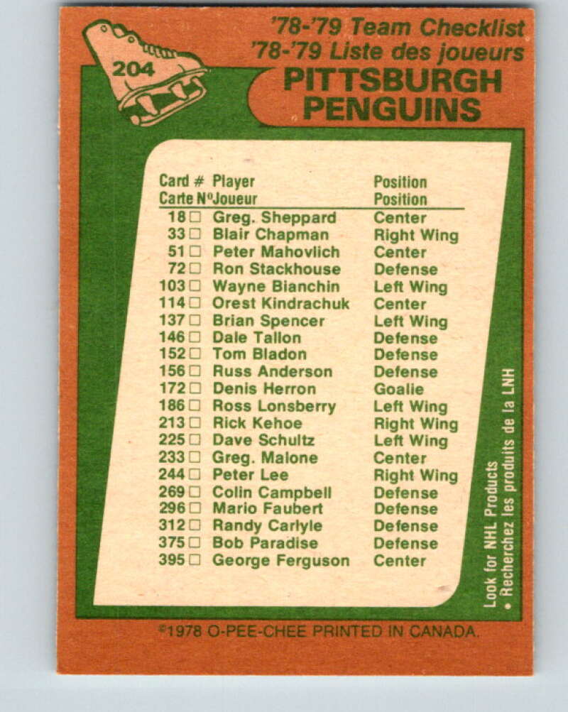 1978-79 O-Pee-Chee #204 Pittsburgh Penguins TC V23769