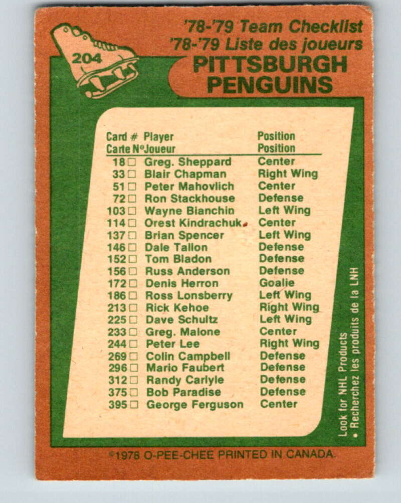 1978-79 O-Pee-Chee #204 Pittsburgh Penguins TC V23771