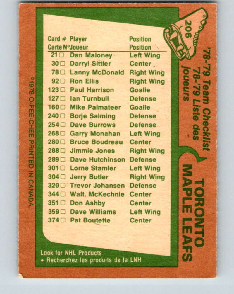 1978-79 O-Pee-Chee #206 Toronto Maple Leafs TC V23790
