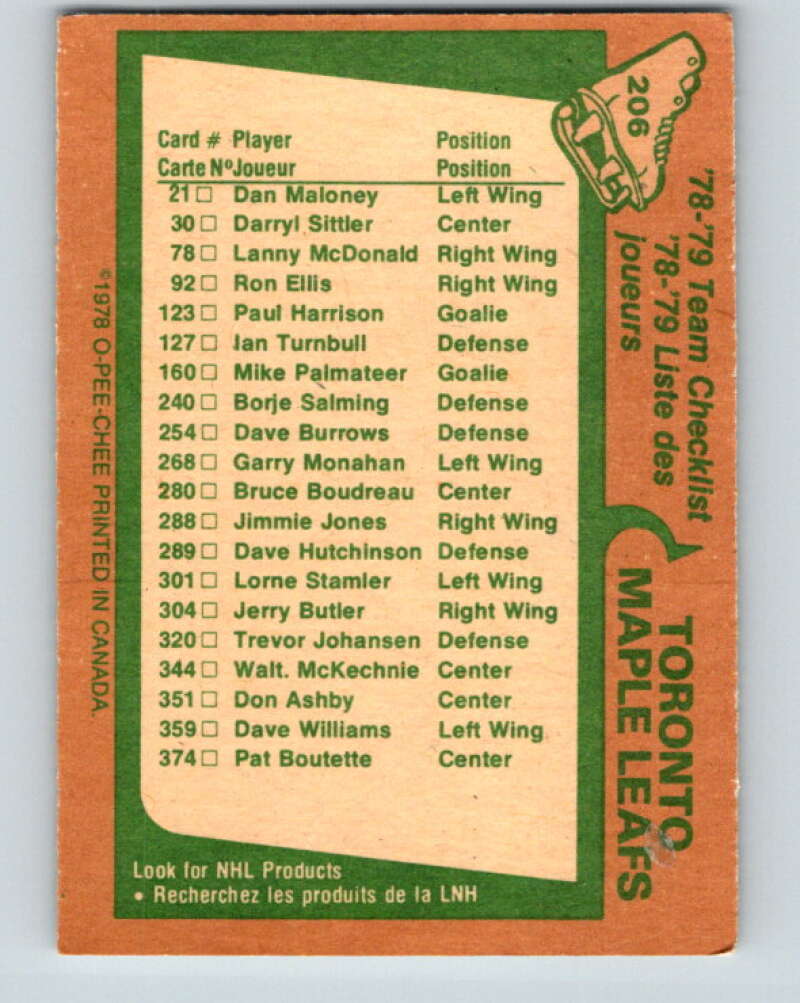 1978-79 O-Pee-Chee #206 Toronto Maple Leafs TC V23791