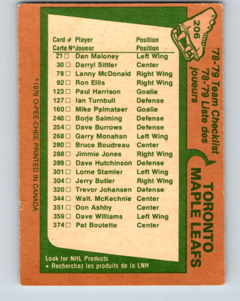 1978-79 O-Pee-Chee #206 Toronto Maple Leafs TC V23793