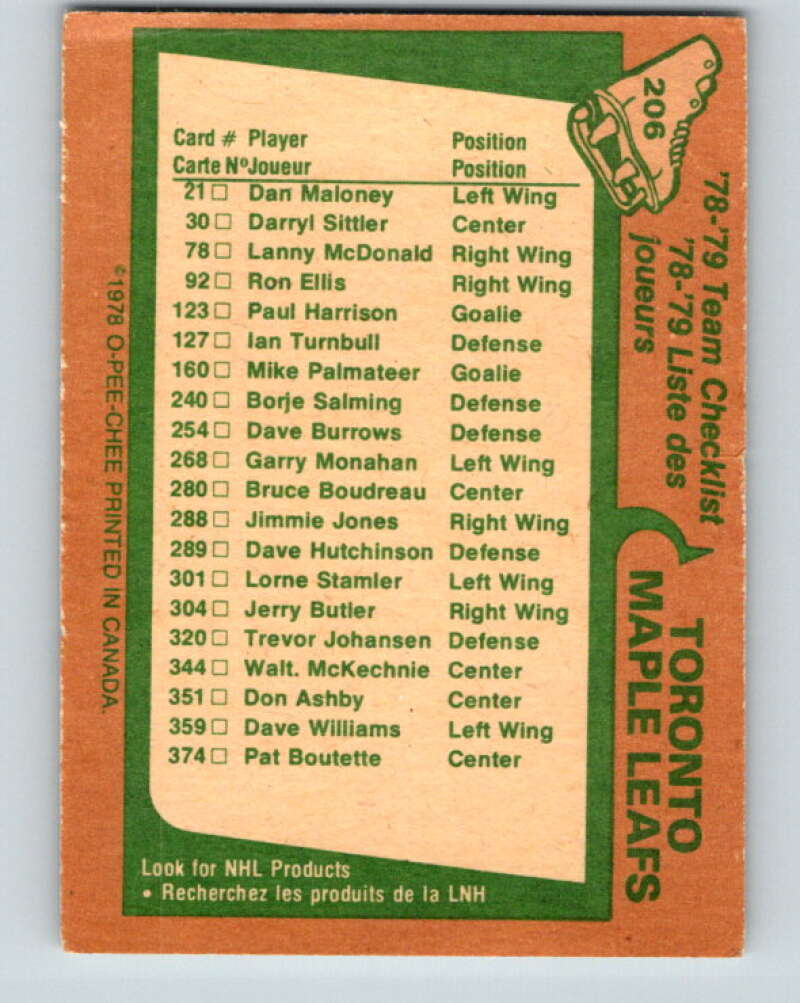 1978-79 O-Pee-Chee #206 Toronto Maple Leafs TC V23796