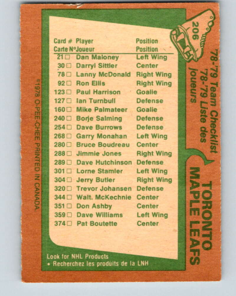 1978-79 O-Pee-Chee #206 Toronto Maple Leafs TC V23797