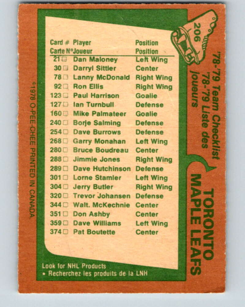1978-79 O-Pee-Chee #206 Toronto Maple Leafs TC V23798