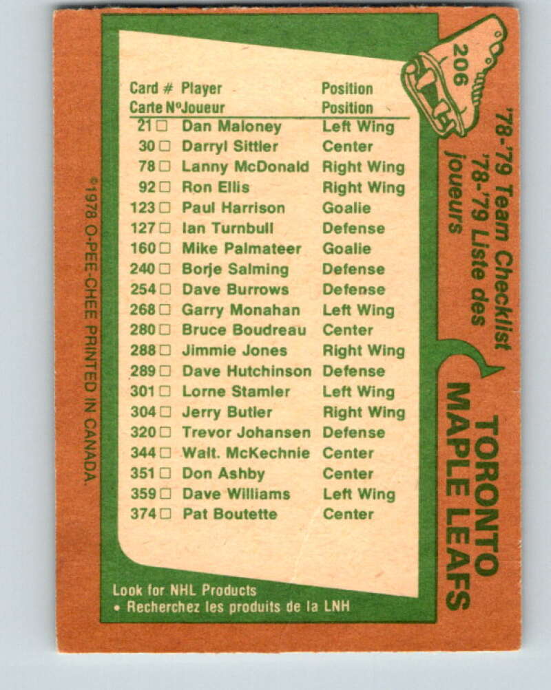 1978-79 O-Pee-Chee #206 Toronto Maple Leafs TC V23800