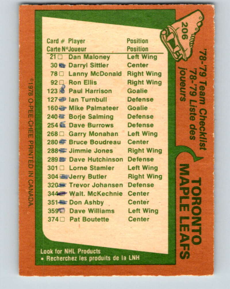 1978-79 O-Pee-Chee #206 Toronto Maple Leafs TC V23802