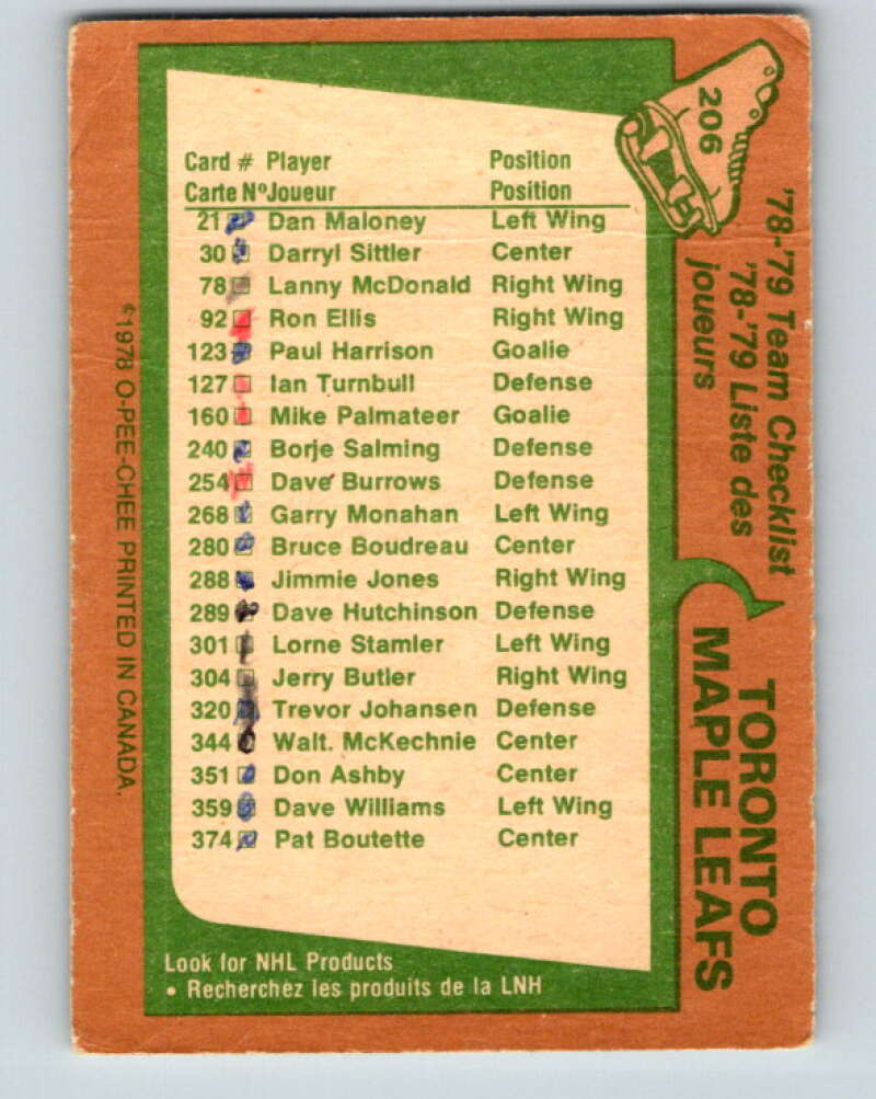 1978-79 O-Pee-Chee #206 Toronto Maple Leafs TC V23805