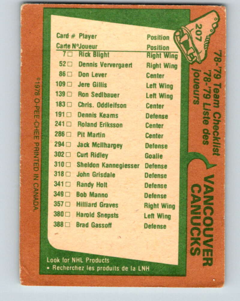 1978-79 O-Pee-Chee #207 Vancouver Canucks TC V23814