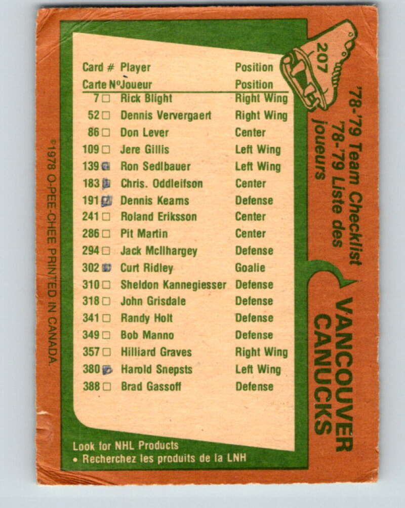 1978-79 O-Pee-Chee #207 Vancouver Canucks TC V23817