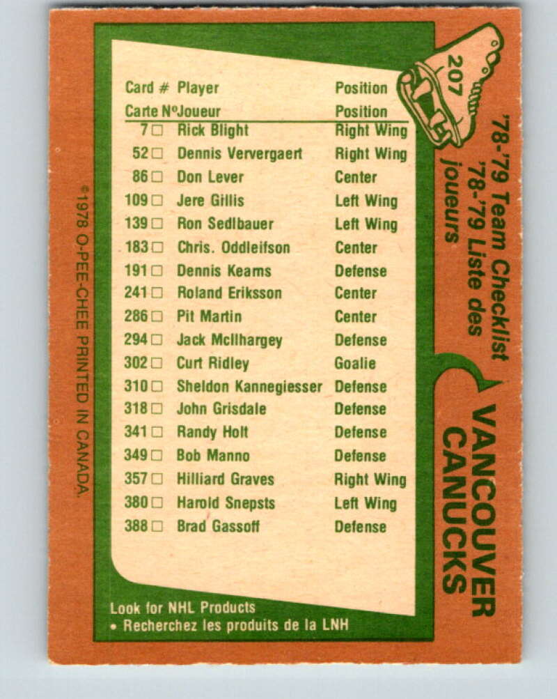 1978-79 O-Pee-Chee #207 Vancouver Canucks TC V23819
