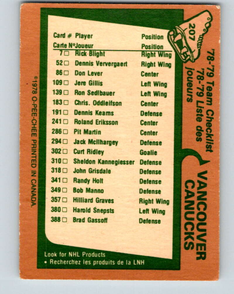 1978-79 O-Pee-Chee #207 Vancouver Canucks TC V23821