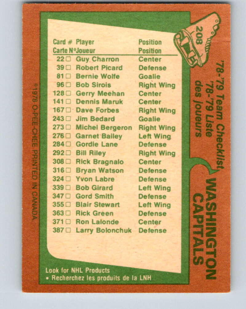 1978-79 O-Pee-Chee #208 Washington Capitals TC V23823