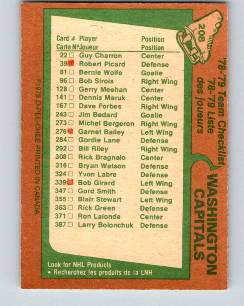 1978-79 O-Pee-Chee #208 Washington Capitals TC V23829