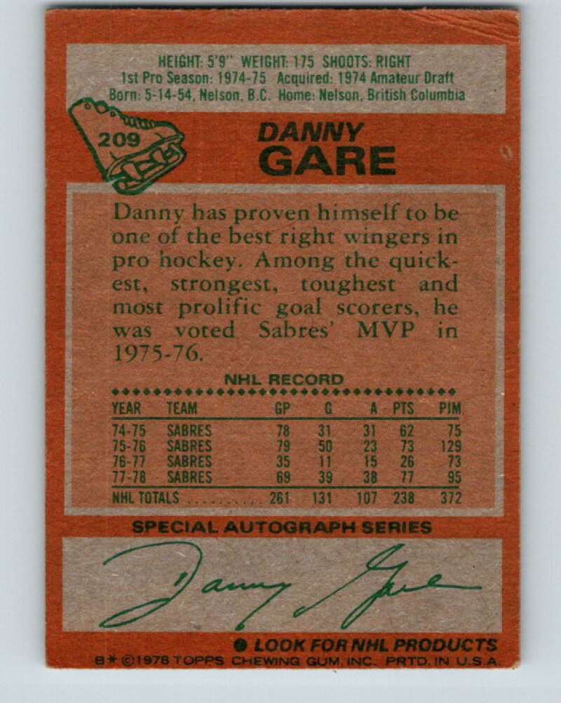 1978-79 O-Pee-Chee #209 Danny Gare Buffalo Sabres V23833