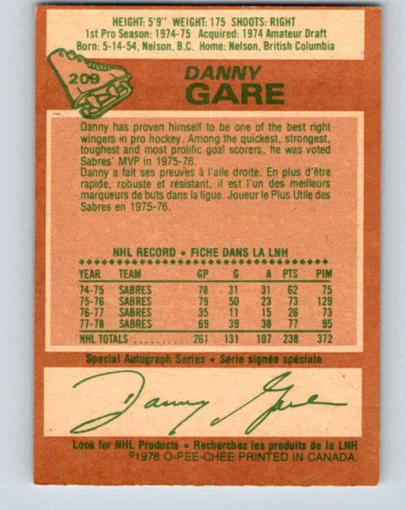 1978-79 O-Pee-Chee #209 Danny Gare Buffalo Sabres V23835