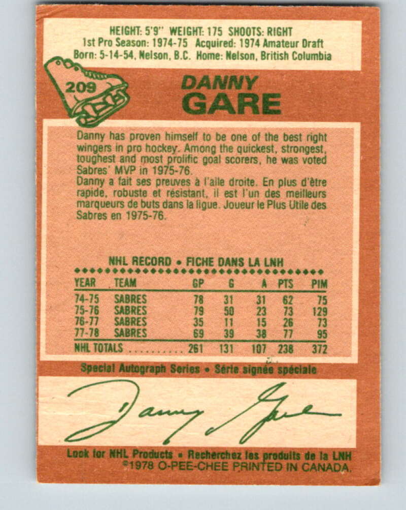 1978-79 O-Pee-Chee #209 Danny Gare Buffalo Sabres V23837