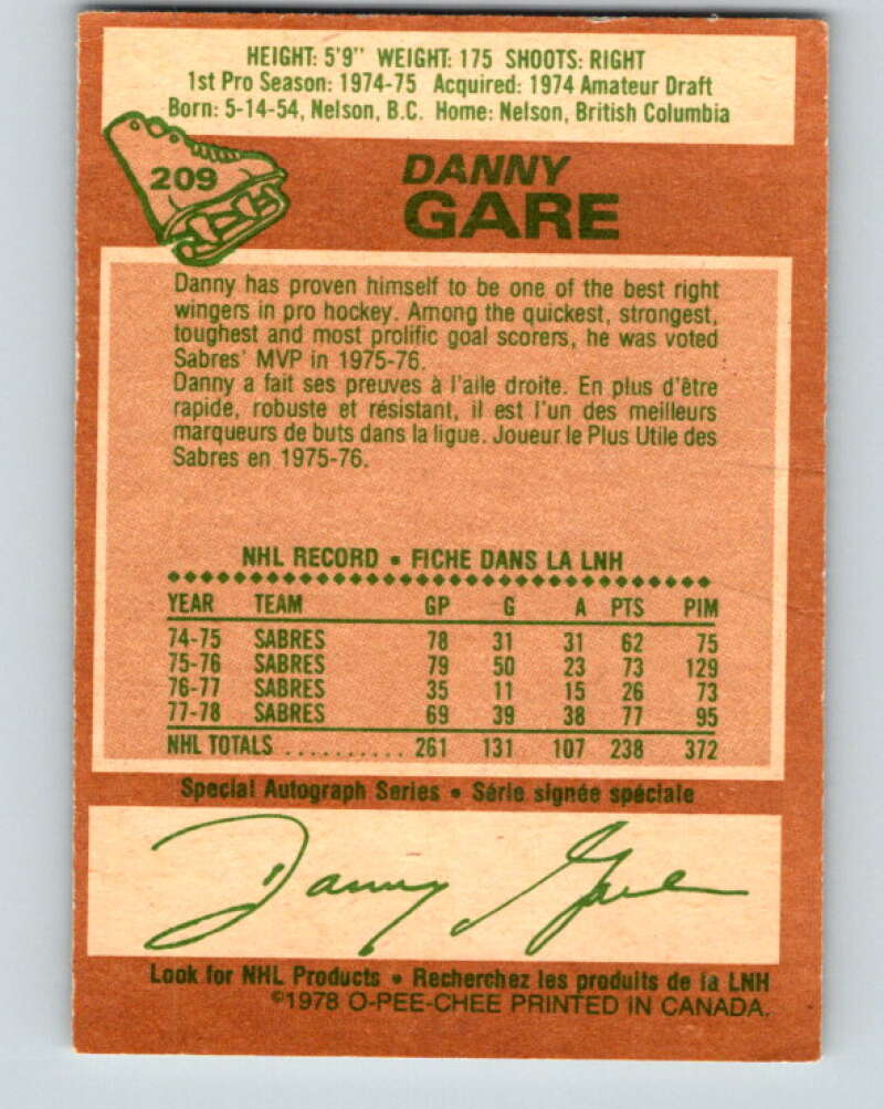 1978-79 O-Pee-Chee #209 Danny Gare Buffalo Sabres V23838