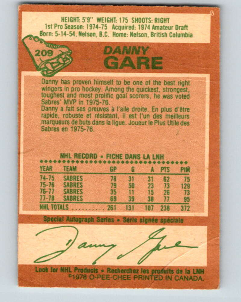 1978-79 O-Pee-Chee #209 Danny Gare Buffalo Sabres V23839