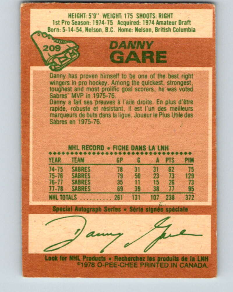 1978-79 O-Pee-Chee #209 Danny Gare Buffalo Sabres V23842