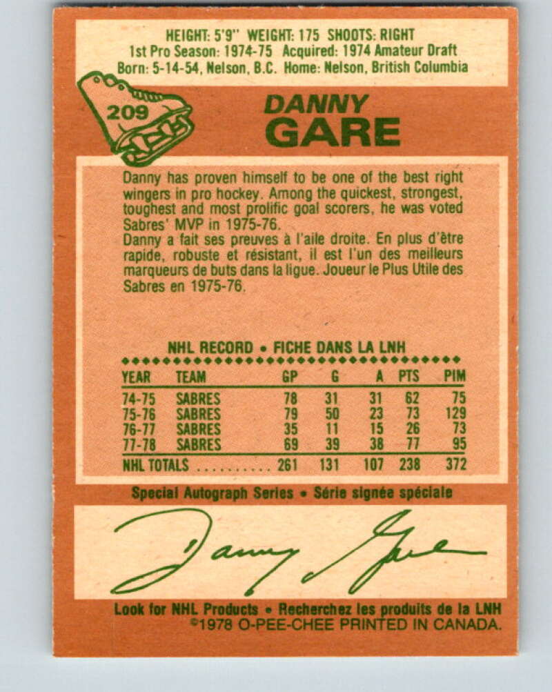 1978-79 O-Pee-Chee #209 Danny Gare Buffalo Sabres V23843