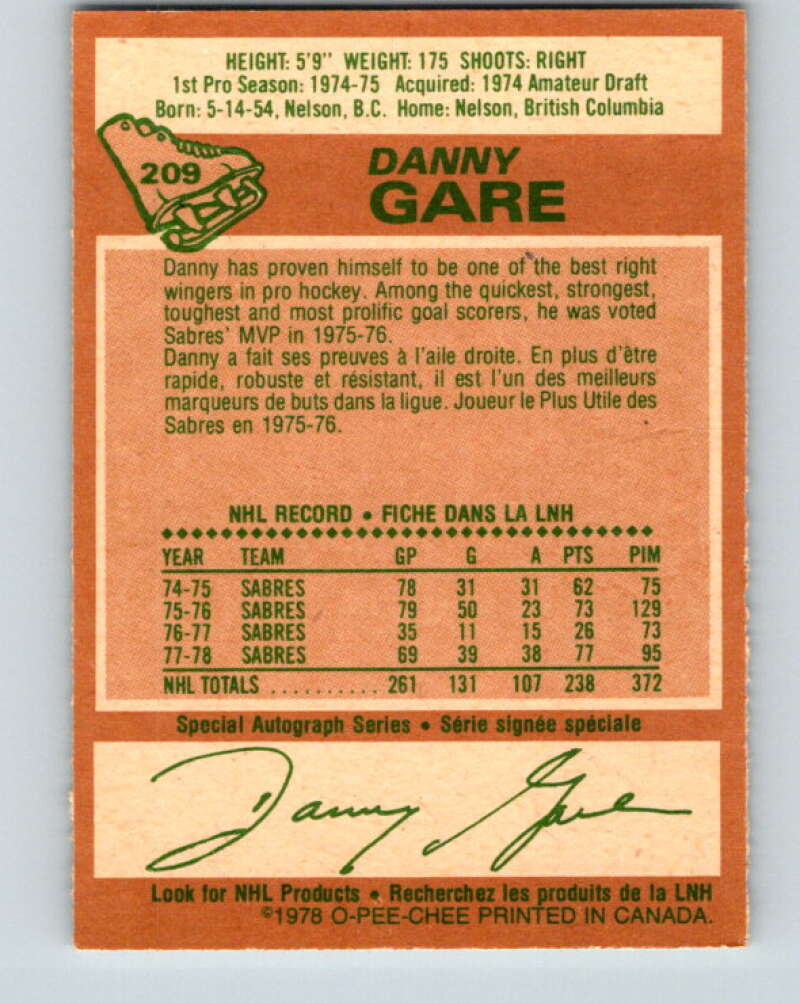 1978-79 O-Pee-Chee #209 Danny Gare Buffalo Sabres V23844