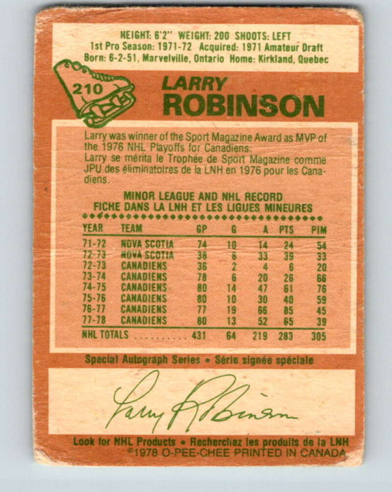 1978-79 O-Pee-Chee #210 Larry Robinson Montreal Canadiens V23849