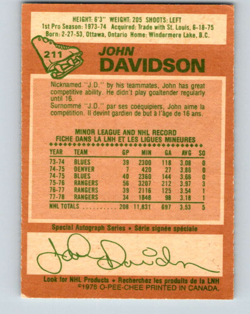 1978-79 O-Pee-Chee #211 John Davidson New York Rangers V23851