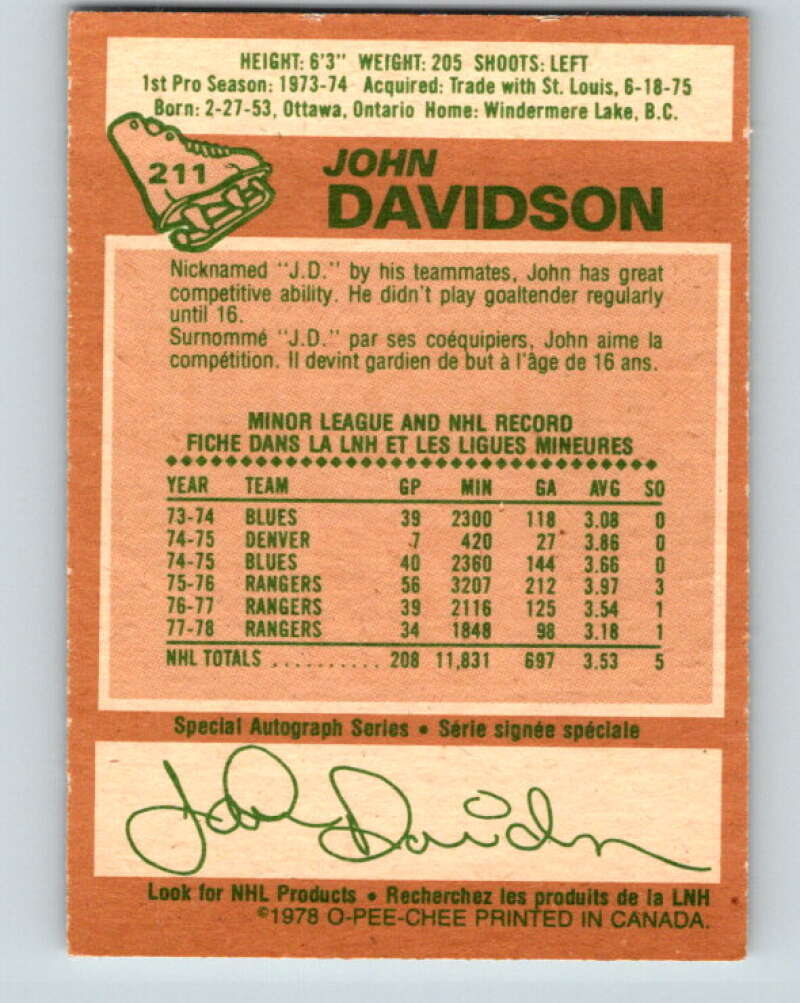 1978-79 O-Pee-Chee #211 John Davidson New York Rangers V23852