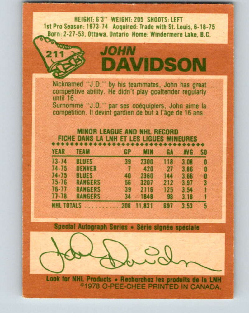 1978-79 O-Pee-Chee #211 John Davidson New York Rangers V23854