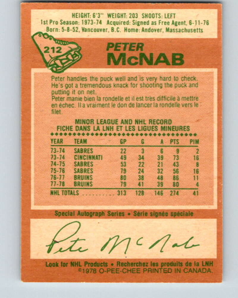 1978-79 O-Pee-Chee #212 Peter McNab Boston Bruins V23866