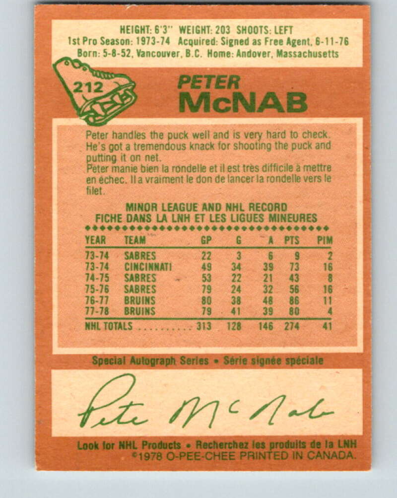 1978-79 O-Pee-Chee #212 Peter McNab Boston Bruins V23867