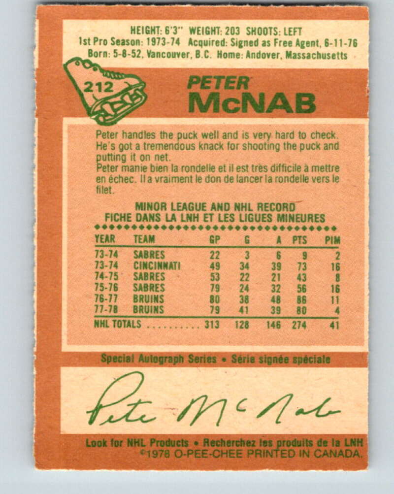 1978-79 O-Pee-Chee #212 Peter McNab Boston Bruins V23869