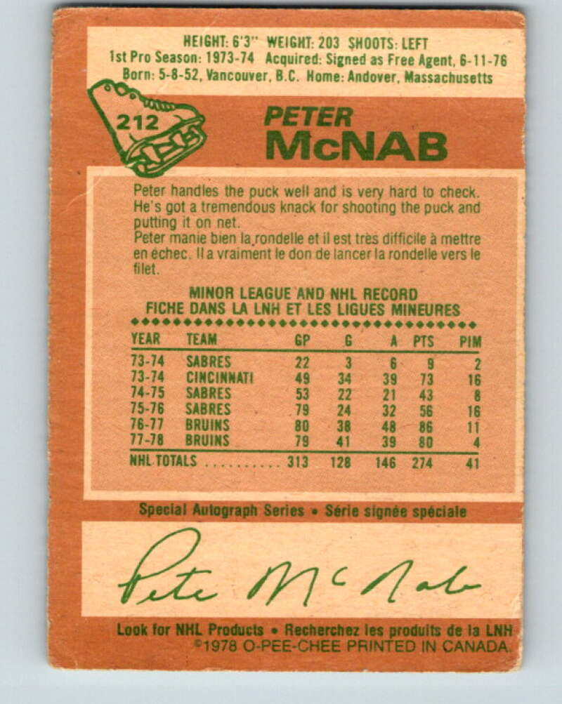1978-79 O-Pee-Chee #212 Peter McNab Boston Bruins V23870