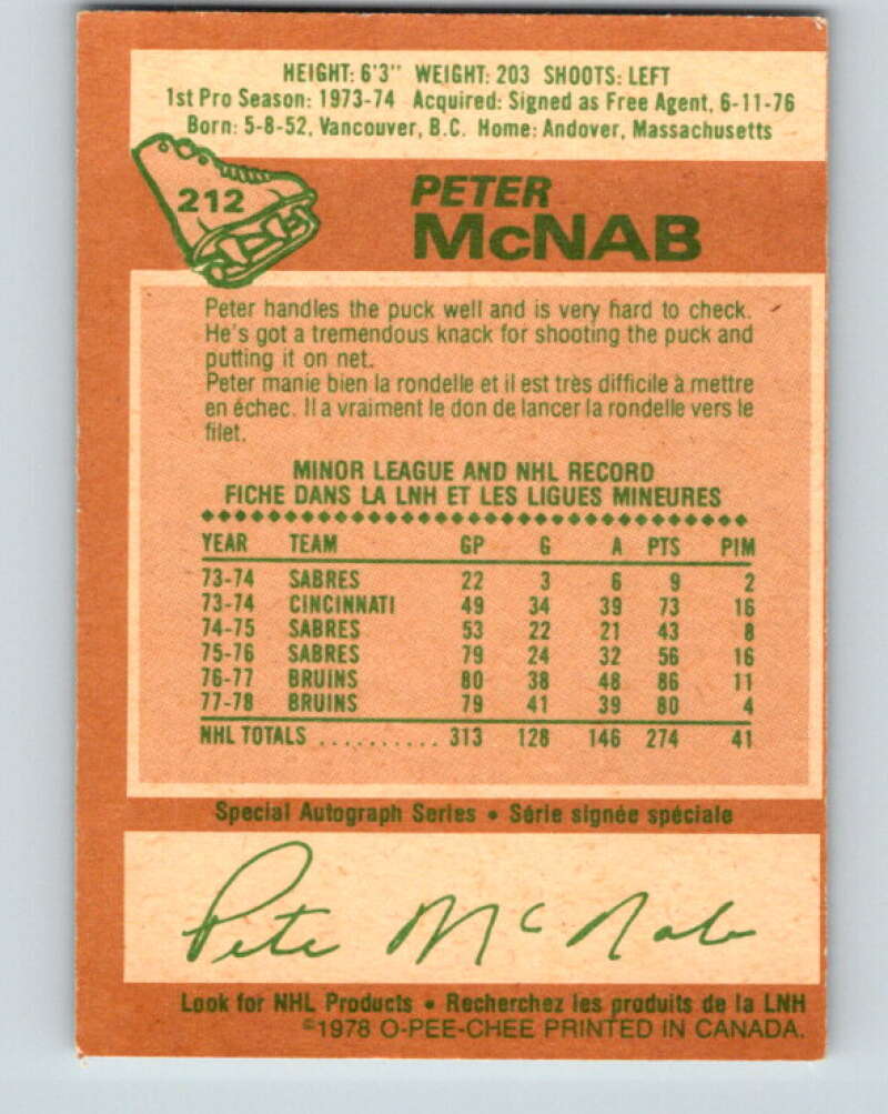 1978-79 O-Pee-Chee #212 Peter McNab Boston Bruins V23872