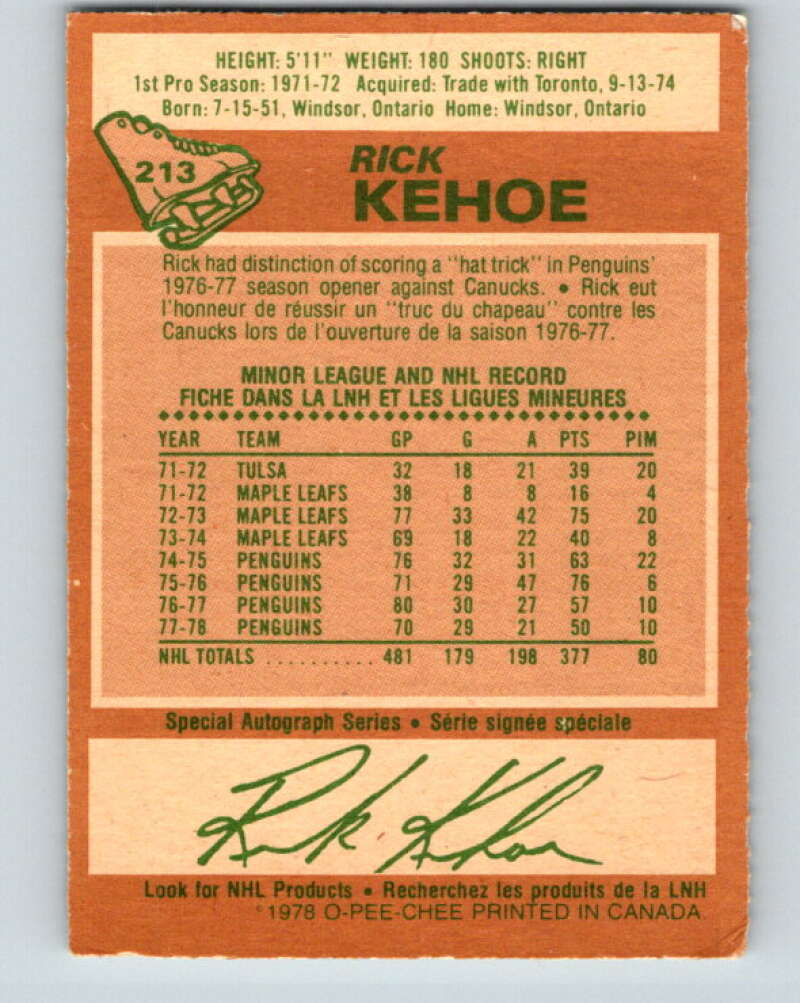 1978-79 O-Pee-Chee #213 Rick Kehoe Pittsburgh Penguins V23875