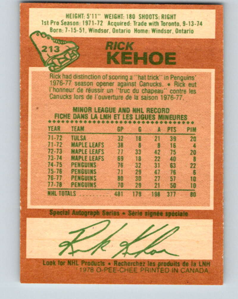 1978-79 O-Pee-Chee #213 Rick Kehoe Pittsburgh Penguins V23876
