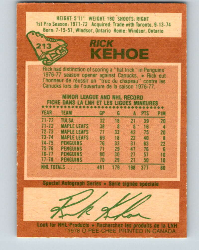 1978-79 O-Pee-Chee #213 Rick Kehoe Pittsburgh Penguins V23878